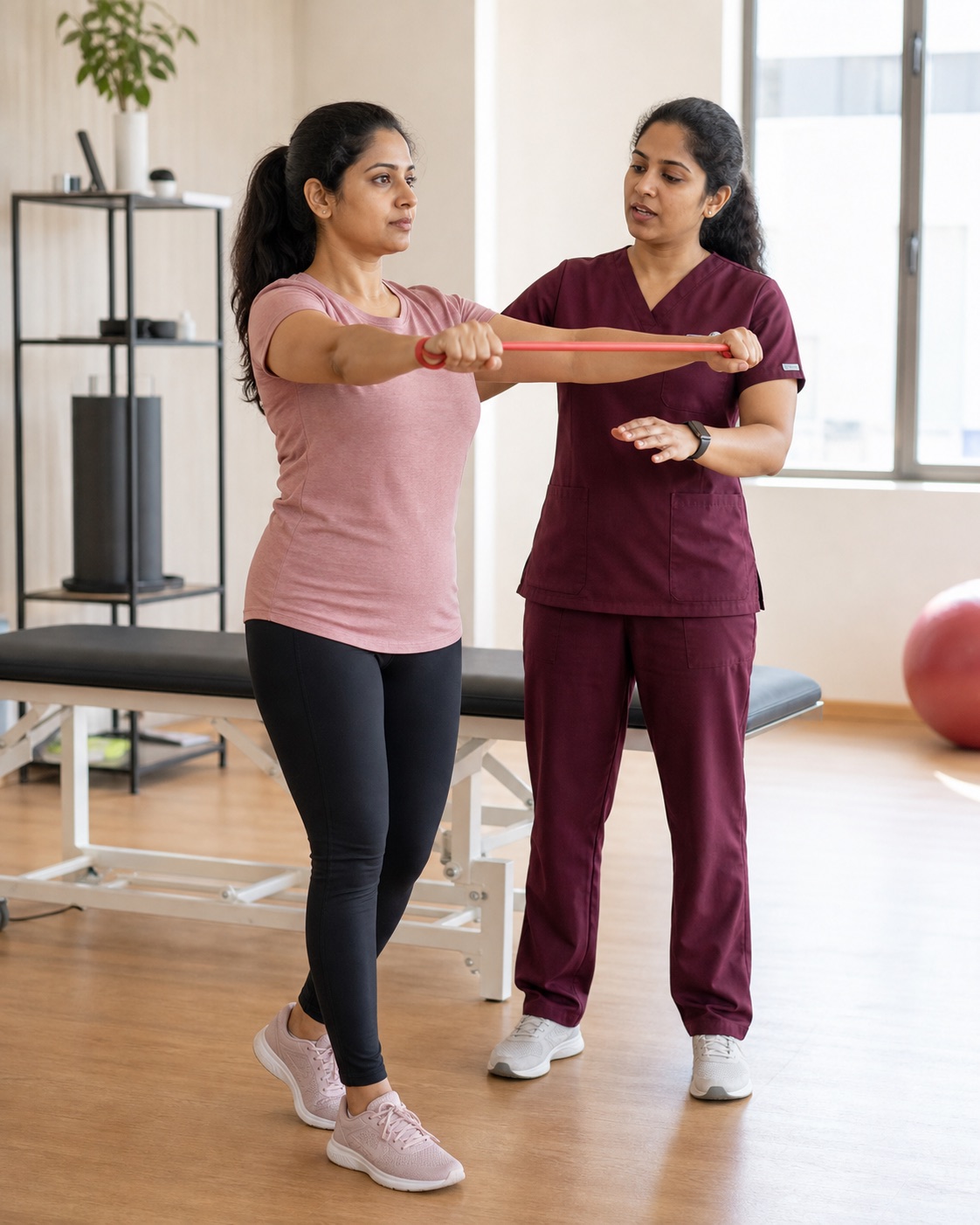 A physiotherapist coaching a patient through a controlled resistance-band exercise