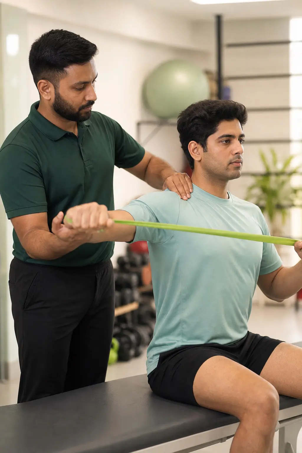 A physiotherapist guiding a patient through a controlled shoulder mobility exercise
