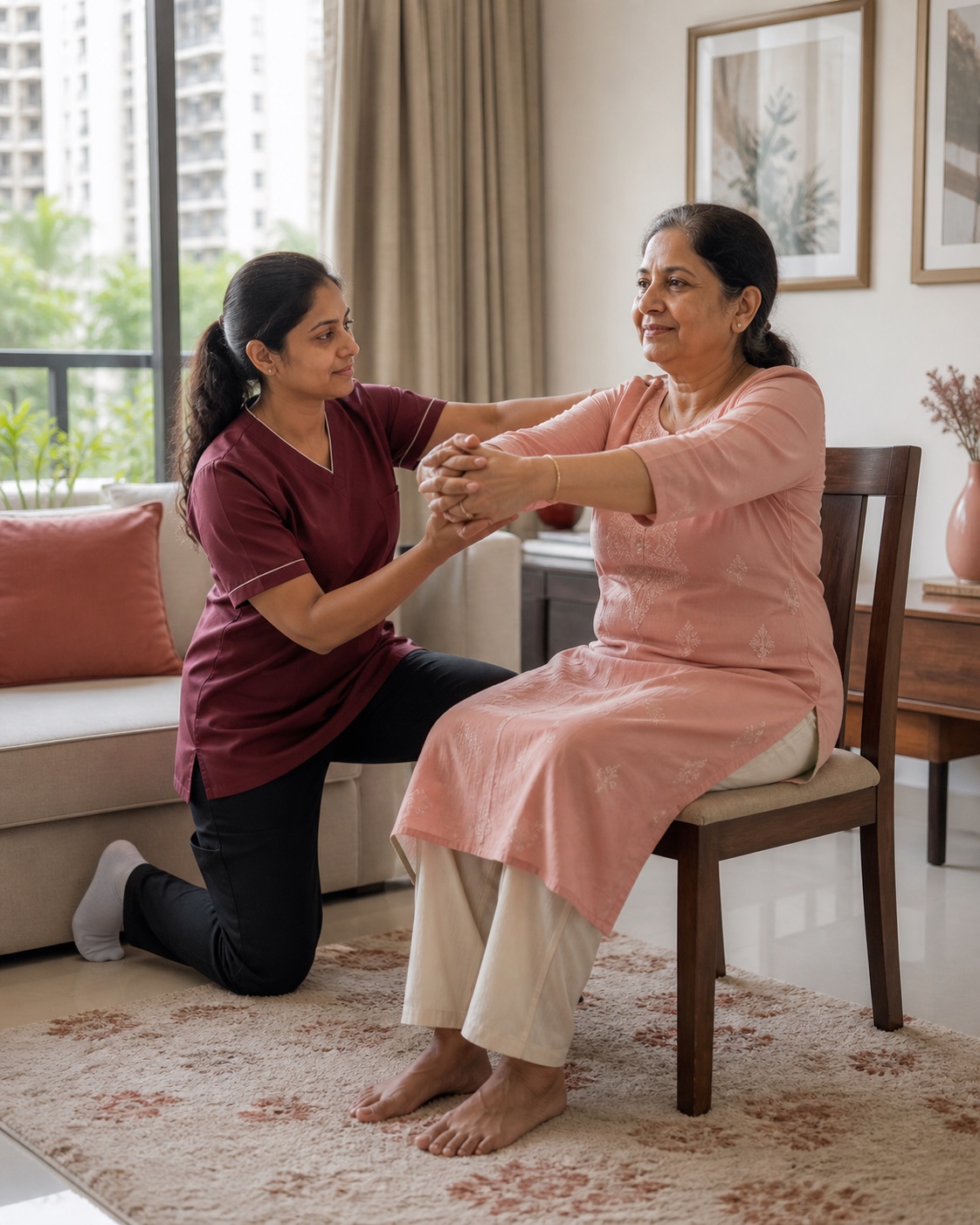 A physiotherapist guiding an older woman through a seated mobility exercise during a home visit