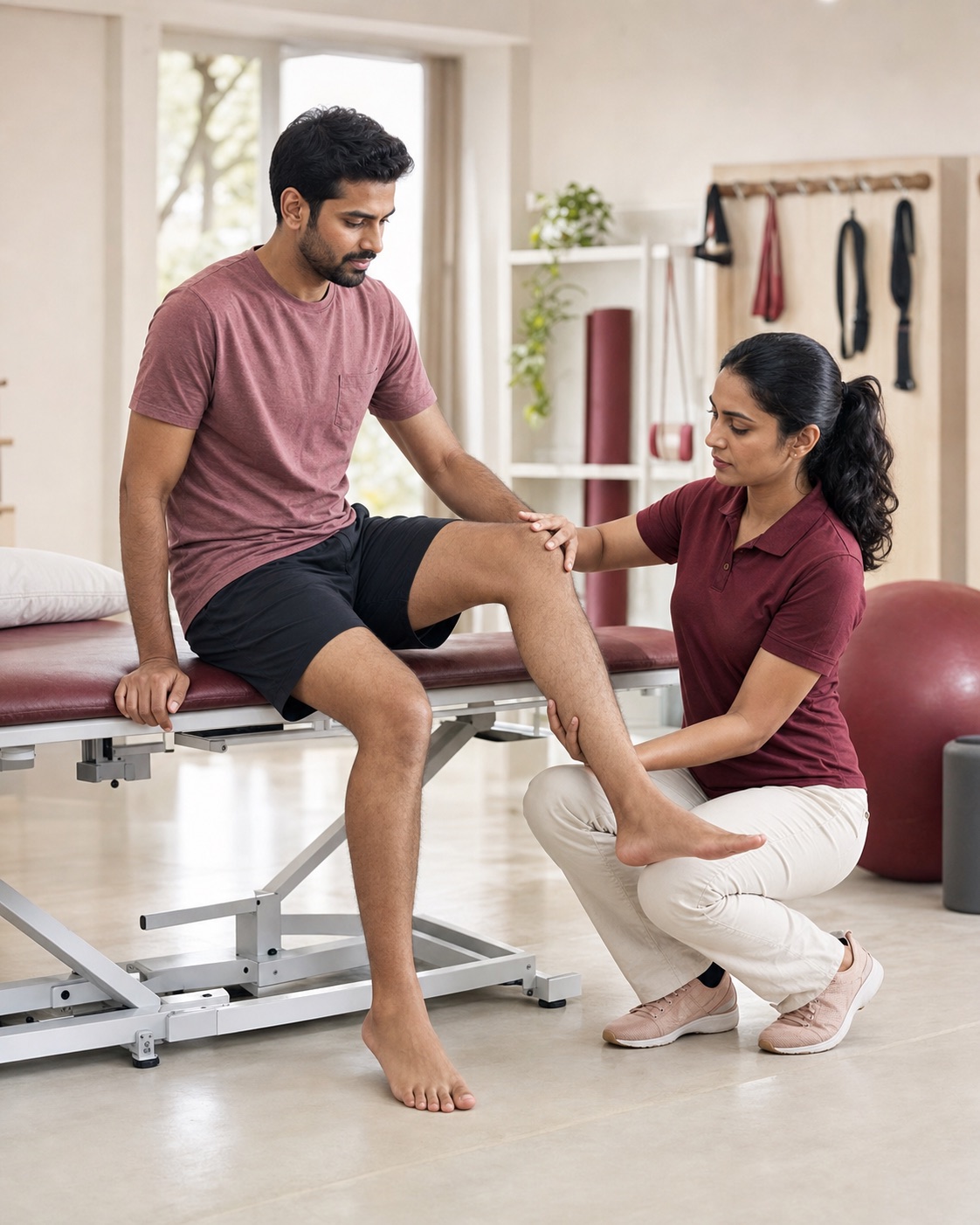 A physiotherapist assessing a patient’s knee movement in a bright clinic